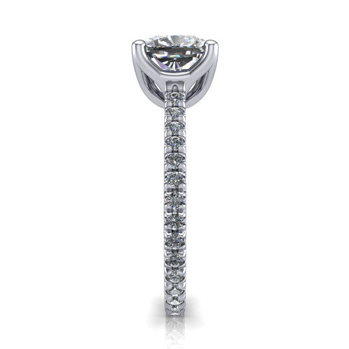 Honora cushion-cut solitaire engagement ring in Platinum, side profile showing the hidden halo and pavé-set band