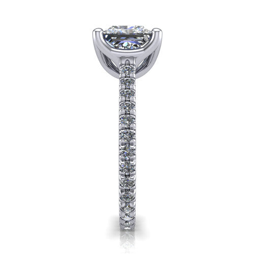 Honora princess-cut solitaire engagement ring in Platinum, side profile showing the hidden halo and pavé-set band