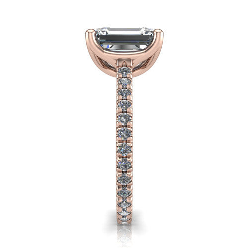 Honora emerald-cut solitaire engagement ring in 14K Rose Gold, side profile showing the hidden halo and pavé-set band