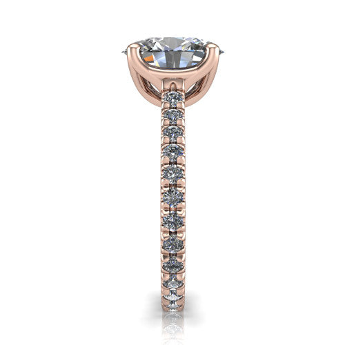 Honora oval solitaire engagement ring in 18K Rose Gold, side profile showing the hidden halo and pavé-set band