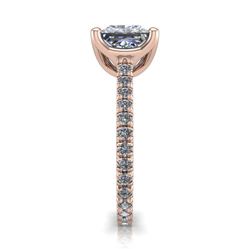 Honora princess-cut solitaire engagement ring in 18K Rose Gold, side profile showing the hidden halo and pavé-set band