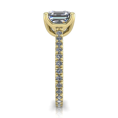 Honora square emerald-cut solitaire engagement ring in 18K Yellow Gold, side profile showing the hidden halo and pavé-set band