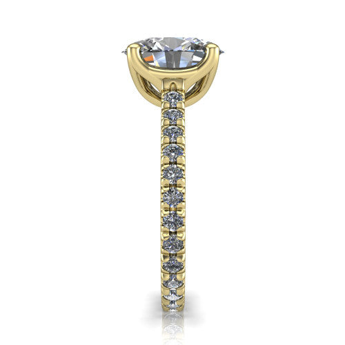 Honora oval solitaire engagement ring in 18K Yellow Gold, side profile showing the hidden halo and pavé-set band