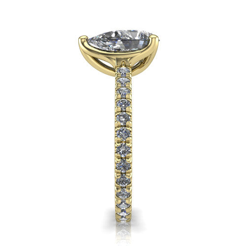 Honora pear-shaped solitaire engagement ring in 18K Yellow Gold, side profile showing the hidden halo and pavé-set band