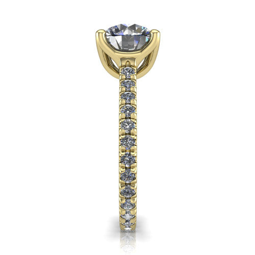 Honora round solitaire engagement ring in 14K Yellow Gold, side profile showing the hidden halo and pavé-set band