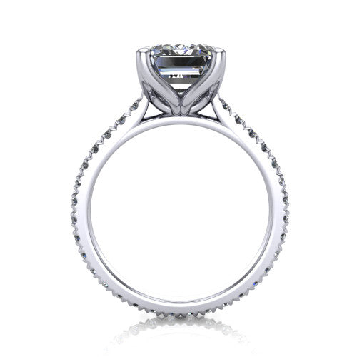 Honora emerald-cut solitaire engagement ring in 14K White Gold, through-finger front profile showing the hidden halo beneath the head
