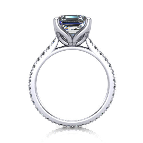 Honora square emerald-cut solitaire engagement ring in 14K White Gold, through-finger front profile showing the hidden halo beneath the head
