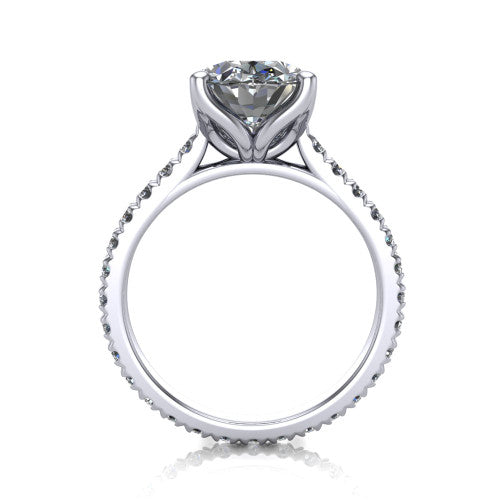 Honora oval solitaire engagement ring in Platinum, through-finger front profile showing the hidden halo beneath the head