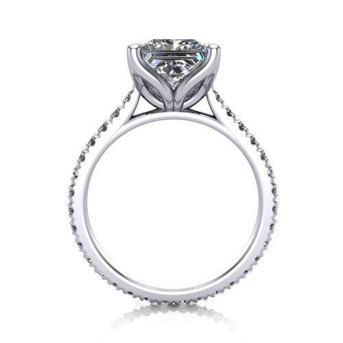 Honora princess-cut solitaire engagement ring in 18K White Gold, through-finger front profile showing the hidden halo beneath the head
