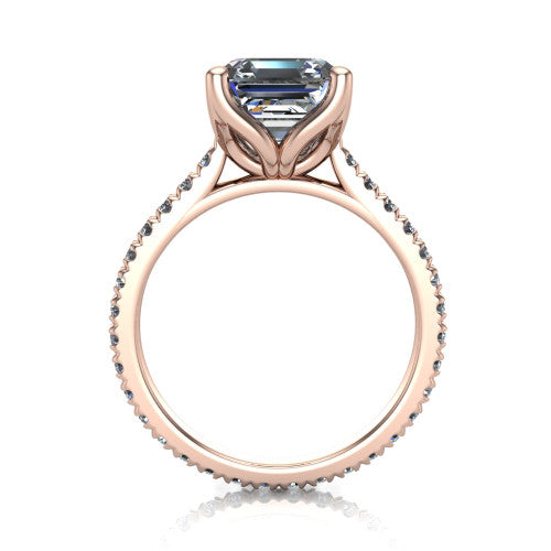 Honora square emerald-cut solitaire engagement ring in 18K Rose Gold, through-finger front profile showing the hidden halo beneath the head