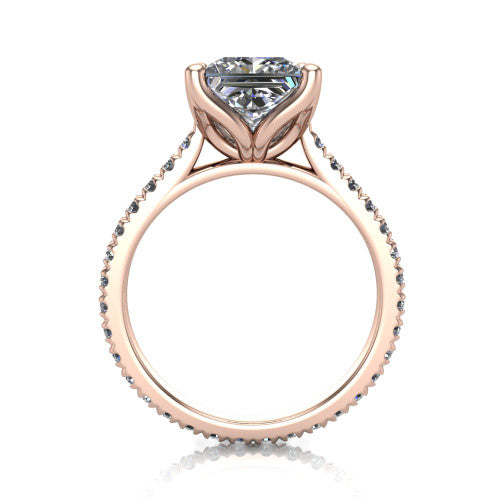 Honora princess-cut solitaire engagement ring in 18K Rose Gold, through-finger front profile showing the hidden halo beneath the head