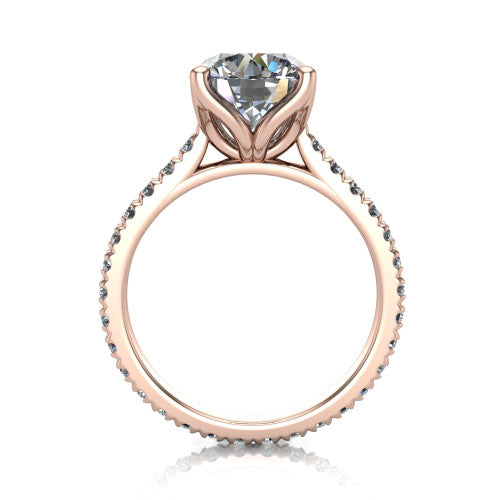 Honora round solitaire engagement ring in 14K Rose Gold, through-finger front profile showing the hidden halo beneath the head