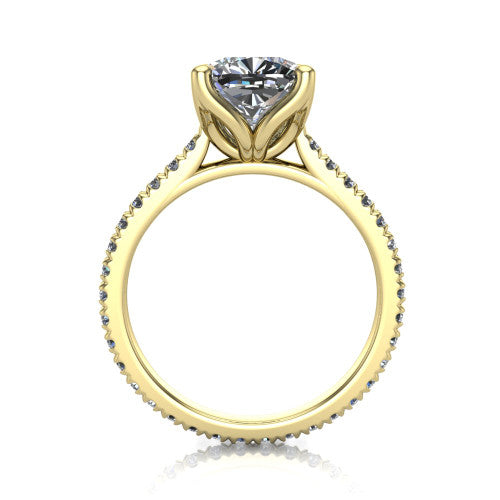 Honora cushion-cut solitaire engagement ring in 14K Yellow Gold, through-finger front profile showing the hidden halo beneath the head