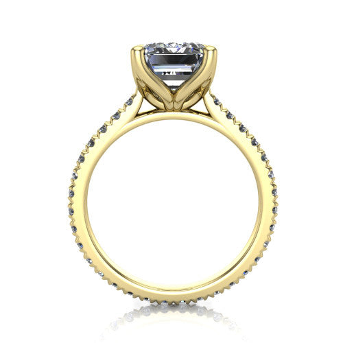 Honora emerald-cut solitaire engagement ring in 14K Yellow Gold, through-finger front profile showing the hidden halo beneath the head
