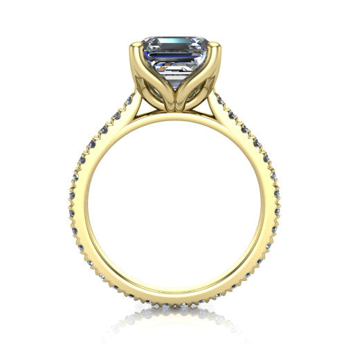 Honora square emerald-cut solitaire engagement ring in 18K Yellow Gold, through-finger front profile showing the hidden halo beneath the head