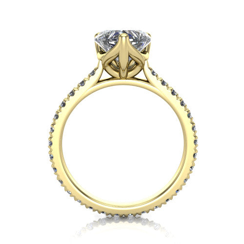 Honora heart-shaped solitaire engagement ring in 14K Yellow Gold, through-finger front profile showing the hidden halo beneath the head