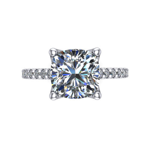 Honora cushion-cut solitaire engagement ring in Platinum, top-down view showing the cushion-cut center diamond and pavé-set shoulders