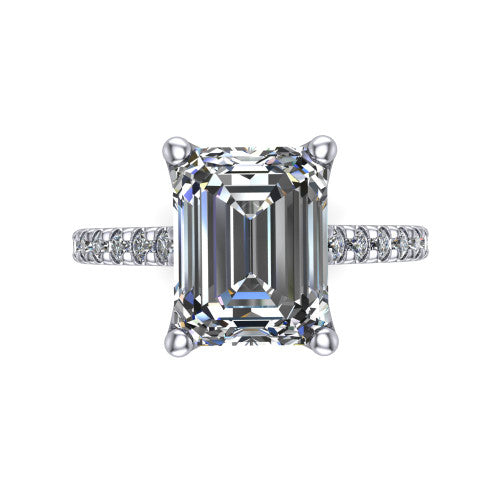 Honora emerald-cut solitaire engagement ring in 18K White Gold, top-down view showing the emerald-cut center diamond and pavé-set shoulders