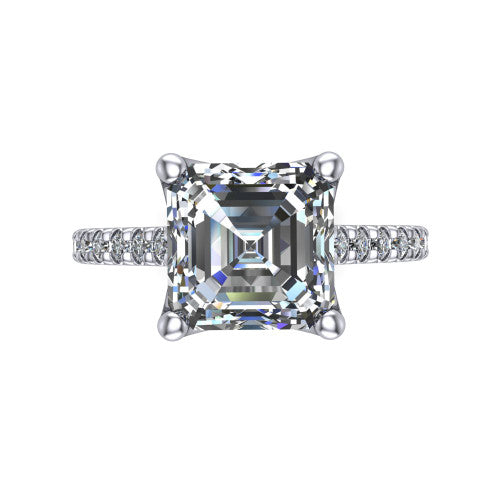 Honora square emerald-cut solitaire engagement ring in 18K White Gold, top-down view showing the square emerald-cut center diamond and pavé-set shoulders