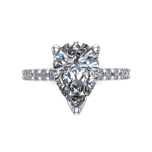 Honora pear-shaped solitaire engagement ring in Platinum, top-down view showing the pear-shaped center diamond and pavé-set shoulders
