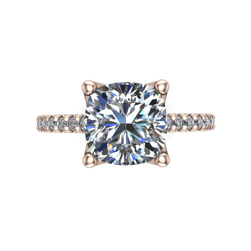 Honora cushion-cut solitaire engagement ring in 18K Rose Gold, top-down view showing the cushion-cut center diamond and pavé-set shoulders