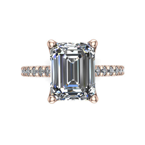 Honora emerald-cut solitaire engagement ring in 14K Rose Gold, top-down view showing the emerald-cut center diamond and pavé-set shoulders