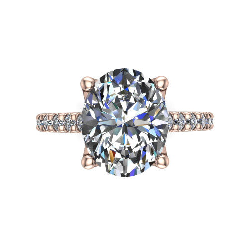 Honora oval solitaire engagement ring in 18K Rose Gold, top-down view showing the oval center diamond and pavé-set shoulders