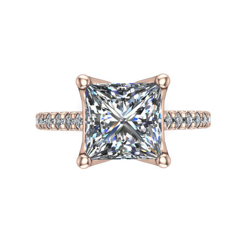 Honora princess-cut solitaire engagement ring in 14K Rose Gold, top-down view showing the princess-cut center diamond and pavé-set shoulders