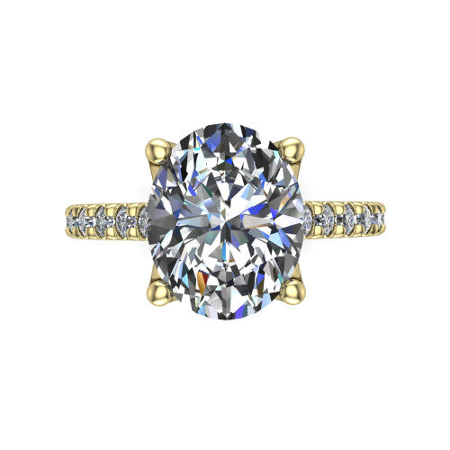 Honora oval solitaire engagement ring in 14K Yellow Gold, top-down view showing the oval center diamond and pavé-set shoulders