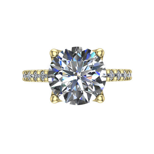 Honora round solitaire engagement ring in 18K Yellow Gold, top-down view showing the round center diamond and pavé-set shoulders