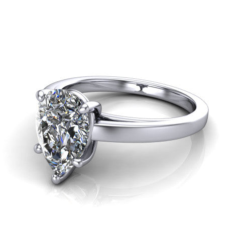 Itzel pear-shaped classic engagement ring in 18K White Gold, three-quarter perspective showing the pear-shaped center diamond, double-claw prongs, and polished band