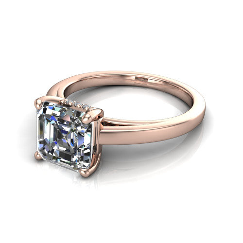 Itzel square emerald-cut classic engagement ring in 14K Rose Gold, three-quarter perspective showing the square emerald-cut center diamond, double-claw prongs, and polished band