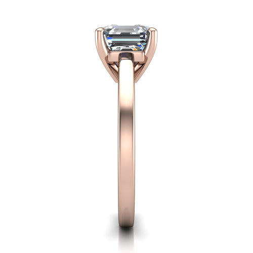 Itzel square emerald-cut classic engagement ring in 18K Rose Gold, side profile showing the hidden halo and polished band