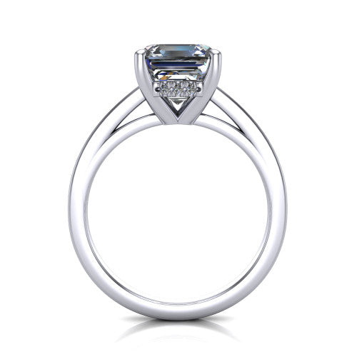 Itzel square emerald-cut classic engagement ring in Platinum, through-finger front profile showing the hidden halo beneath the head