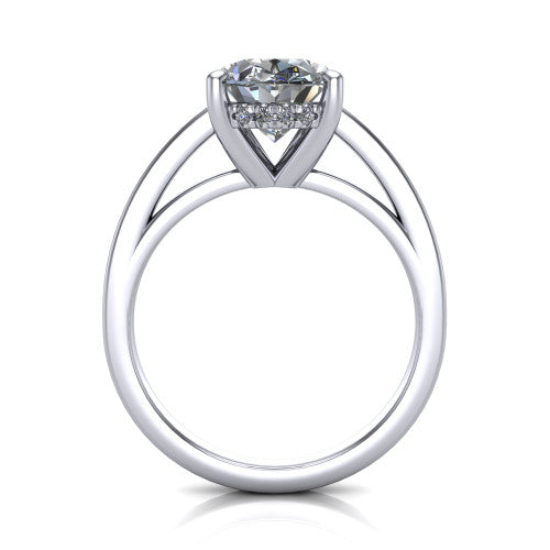 Itzel oval classic engagement ring in 18K White Gold, through-finger front profile showing the hidden halo beneath the head