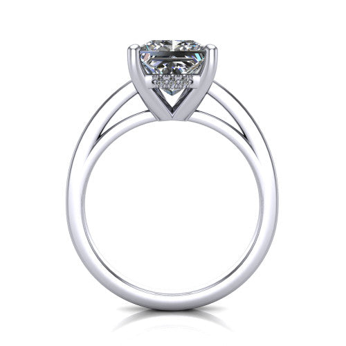 Itzel princess-cut classic engagement ring in Platinum, through-finger front profile showing the hidden halo beneath the head