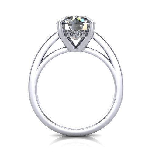 Itzel round classic engagement ring in 14K White Gold, through-finger front profile showing the hidden halo beneath the head