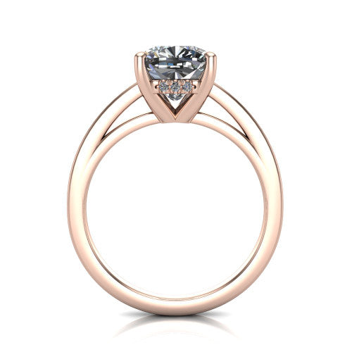 Itzel cushion-cut classic engagement ring in 18K Rose Gold, through-finger front profile showing the hidden halo beneath the head