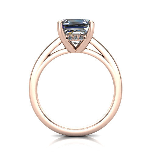 Itzel square emerald-cut classic engagement ring in 14K Rose Gold, through-finger front profile showing the hidden halo beneath the head