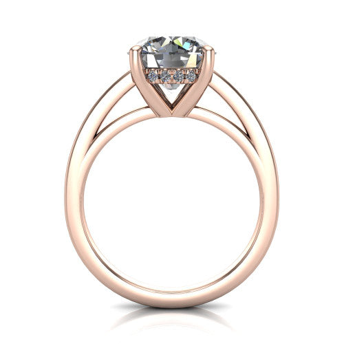 Itzel round classic engagement ring in 18K Rose Gold, through-finger front profile showing the hidden halo beneath the head
