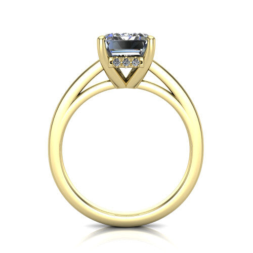Itzel emerald-cut classic engagement ring in 14K Yellow Gold, through-finger front profile showing the hidden halo beneath the head