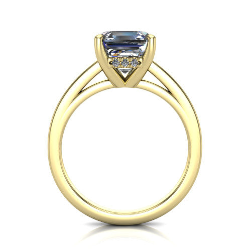 Itzel square emerald-cut classic engagement ring in 14K Yellow Gold, through-finger front profile showing the hidden halo beneath the head