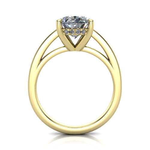 Itzel oval classic engagement ring in 18K Yellow Gold, through-finger front profile showing the hidden halo beneath the head