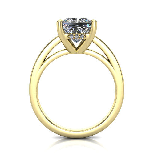 Itzel princess-cut classic engagement ring in 14K Yellow Gold, through-finger front profile showing the hidden halo beneath the head