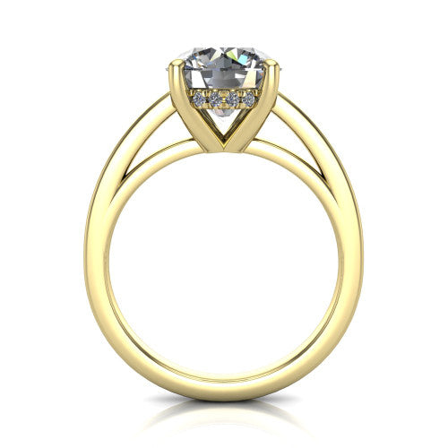 Itzel round classic engagement ring in 14K Yellow Gold, through-finger front profile showing the hidden halo beneath the head