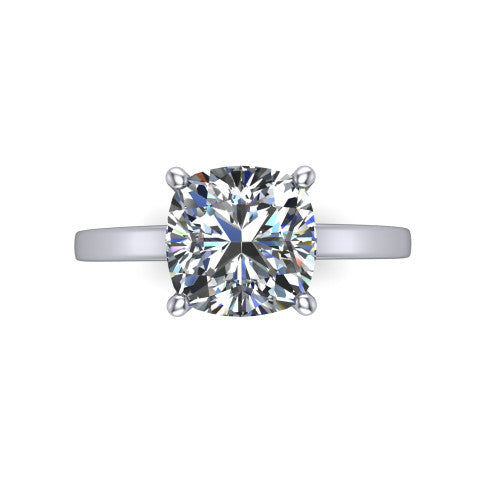 Itzel cushion-cut classic engagement ring in Platinum, top-down view showing the cushion-cut center diamond and four double-claw prongs