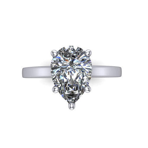 Itzel pear-shaped classic engagement ring in 18K White Gold, top-down view showing the pear-shaped center diamond and four double-claw prongs
