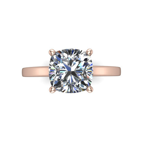 Itzel cushion-cut classic engagement ring in 18K Rose Gold, top-down view showing the cushion-cut center diamond and four double-claw prongs