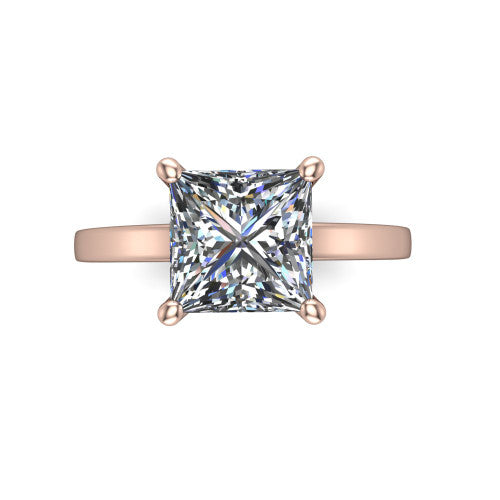 Itzel princess-cut classic engagement ring in 14K Rose Gold, top-down view showing the princess-cut center diamond and four double-claw prongs