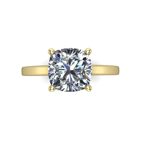 Itzel cushion-cut classic engagement ring in 14K Yellow Gold, top-down view showing the cushion-cut center diamond and four double-claw prongs